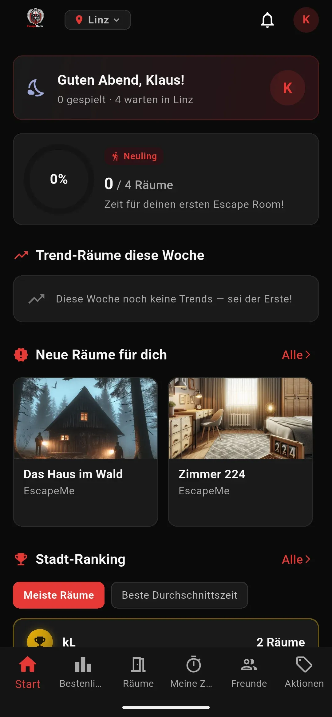 Startbildschirm der EscapeRank-App: Begrüßung, Fortschrittsanzeige, Trend-Räume und Stadt-Ranking.